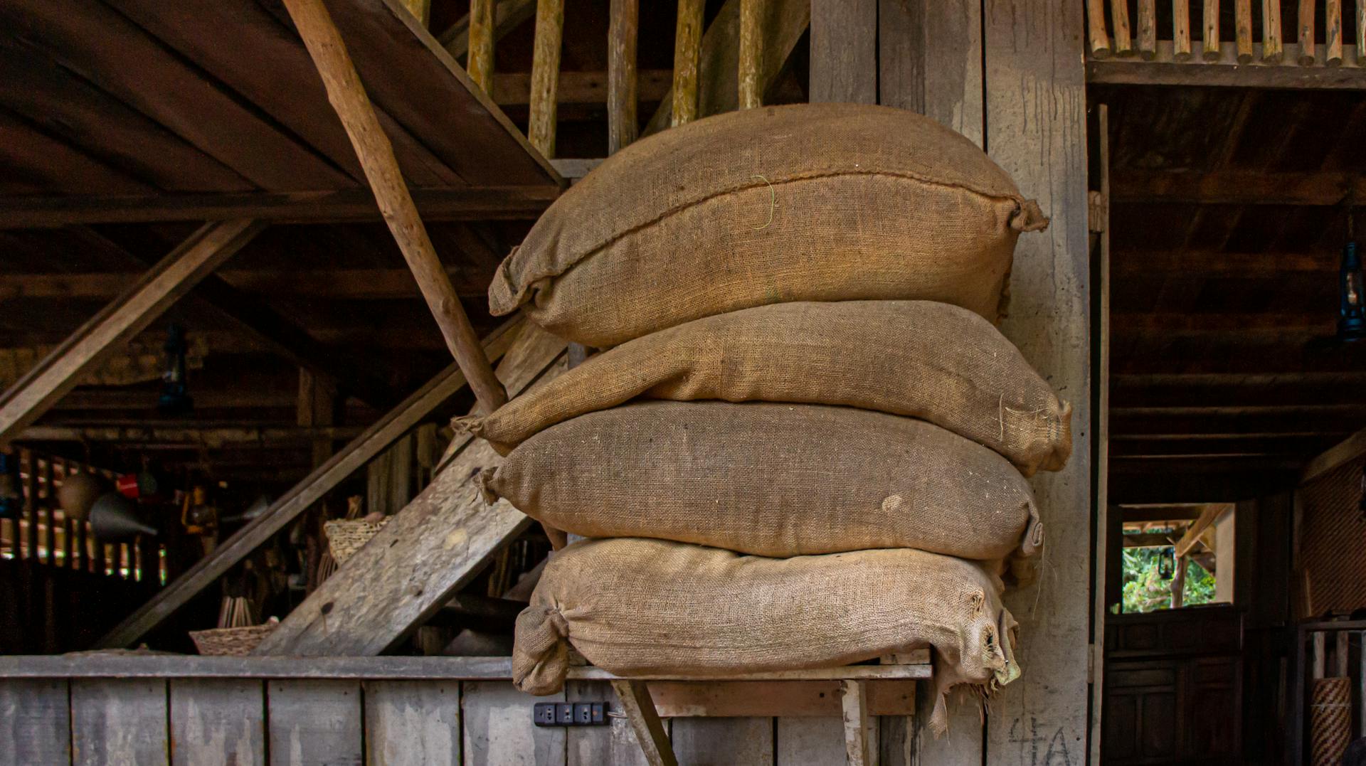 Cozy and rustic barn interior showcasing a stack of burlap sacks against wooden walls.