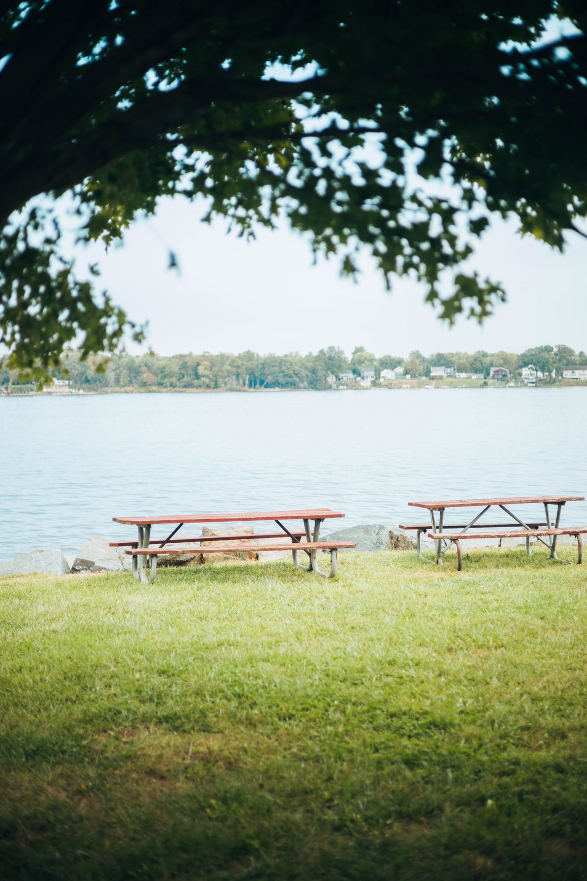 Picnic tables in a park beside water
