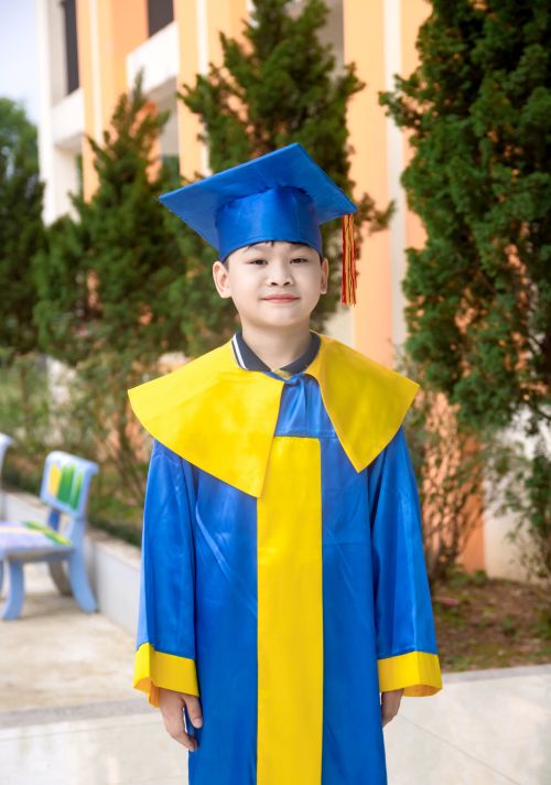 Free A young boy in blue and yellow graduation attire stands outdoors, smiling for the camera. Stock Photo