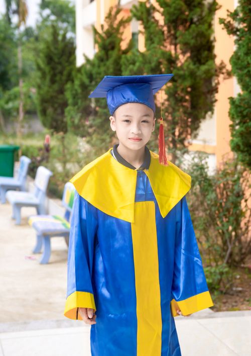 Free Cheerful young boy in blue and yellow graduation gown standing outdoors on a sunny day. Stock Photo