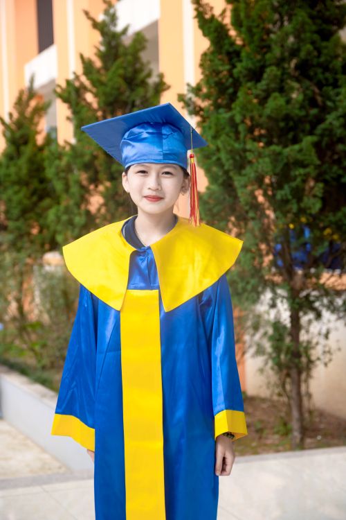 Free Asian girl in blue and yellow graduation attire smiling outdoors. Stock Photo