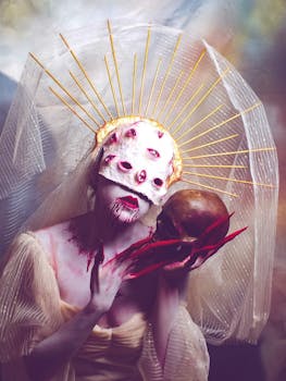 A surreal and artistic portrait featuring a masked figure holding a skull, evoking mystery and horror.