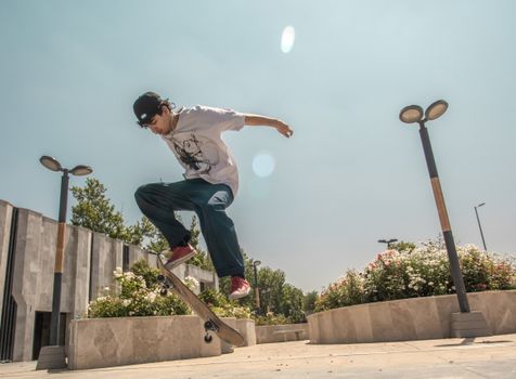 Skateboarder executing an ollie trick in an urban park setting during daytime.. skateboarder, executing, ollie