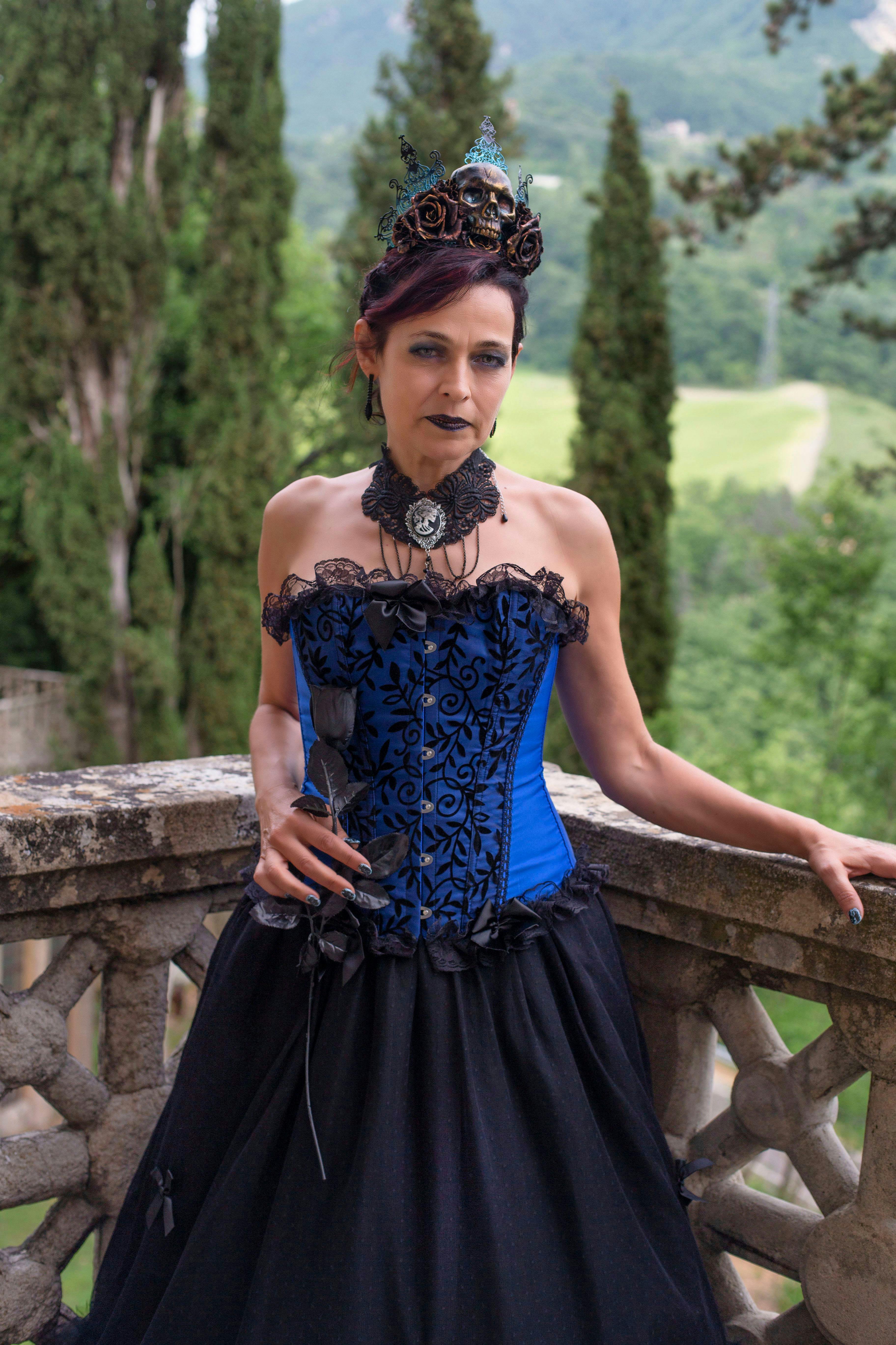 blue and black corset dress Regalia Black Mesh Corset High Slit Maxi Dress