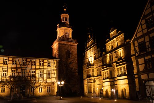 Free Illuminated historic buildings in Rinteln, Germany captured at night, showcasing traditional architecture. Stock Photo
