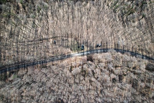Aerial shot of a winding road through a winter forest with bare trees and parked cars.