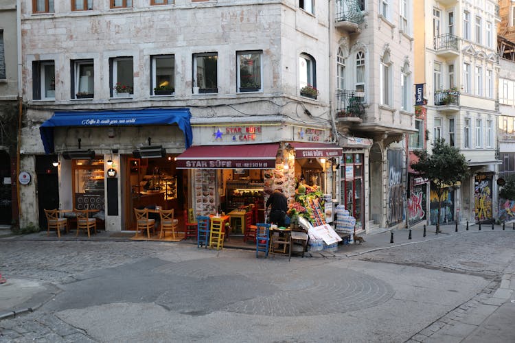 A Coffee Shop And A Store On The Corner Of The Street