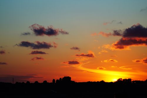 Free A stunning summer sunset with vibrant clouds and silhouetted trees creates a picturesque landscape. Stock Photo