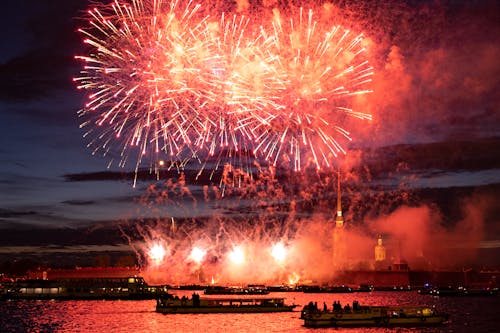 Red Fireworks in a Port