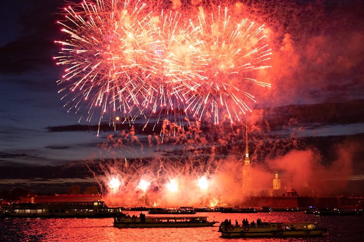 Red Fireworks In A Port