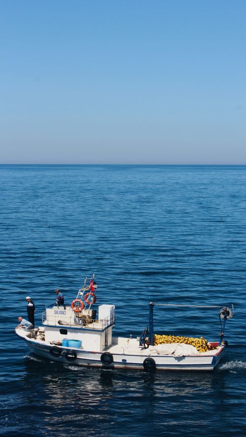 Free Fishing boat in calm Istanbul waters at Rumelifeneri under clear blue sky. Stock Photo