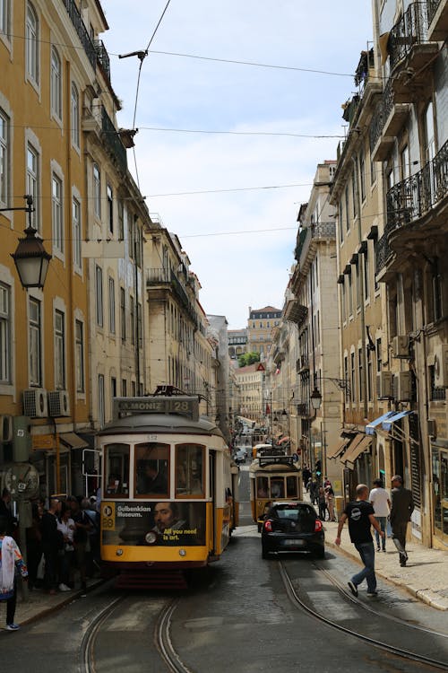 Narrow City Street with a Trams