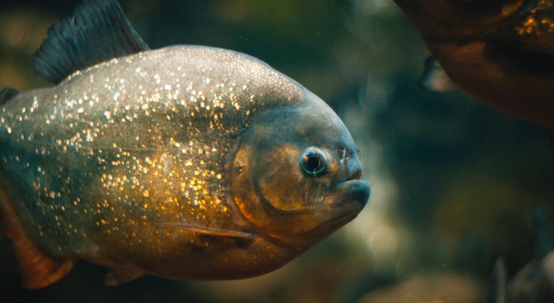 Detailed view of a red-bellied piranha swimming in its natural habitat.