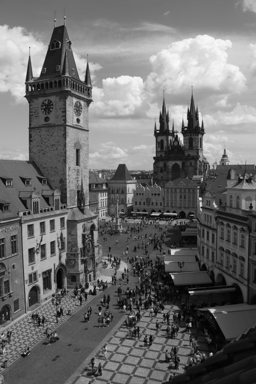 Free Monochrome aerial view of Old Town Square in Prague with iconic Gothic architecture. Stock Photo