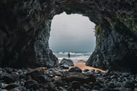 一个人站在俄勒冈州海滩面朝大海的岩石洞穴入口处