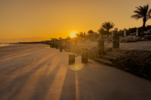 A tranquil sunrise over a beachfront with palm trees and a stone staircase, creating a perfect golden hour scene.