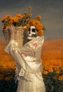 Woman with Death Mask Holding a Basket with Flowers 