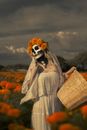 Woman in White Dress and Death Mask 
