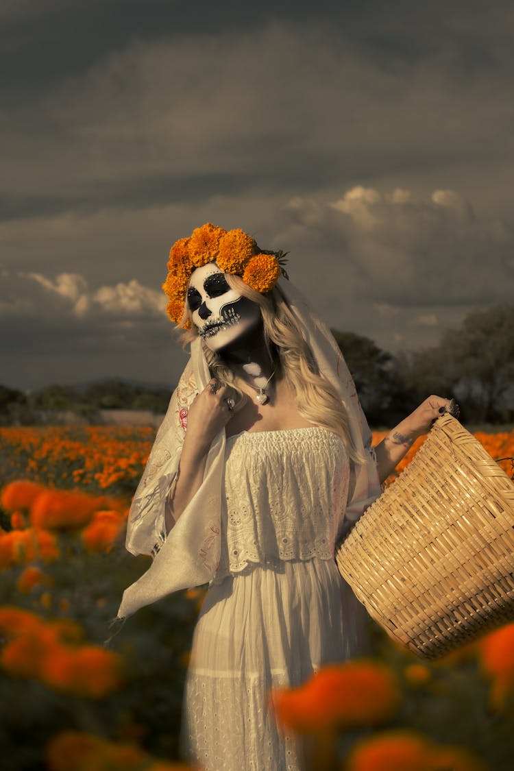 Woman In White Dress And Death Mask 