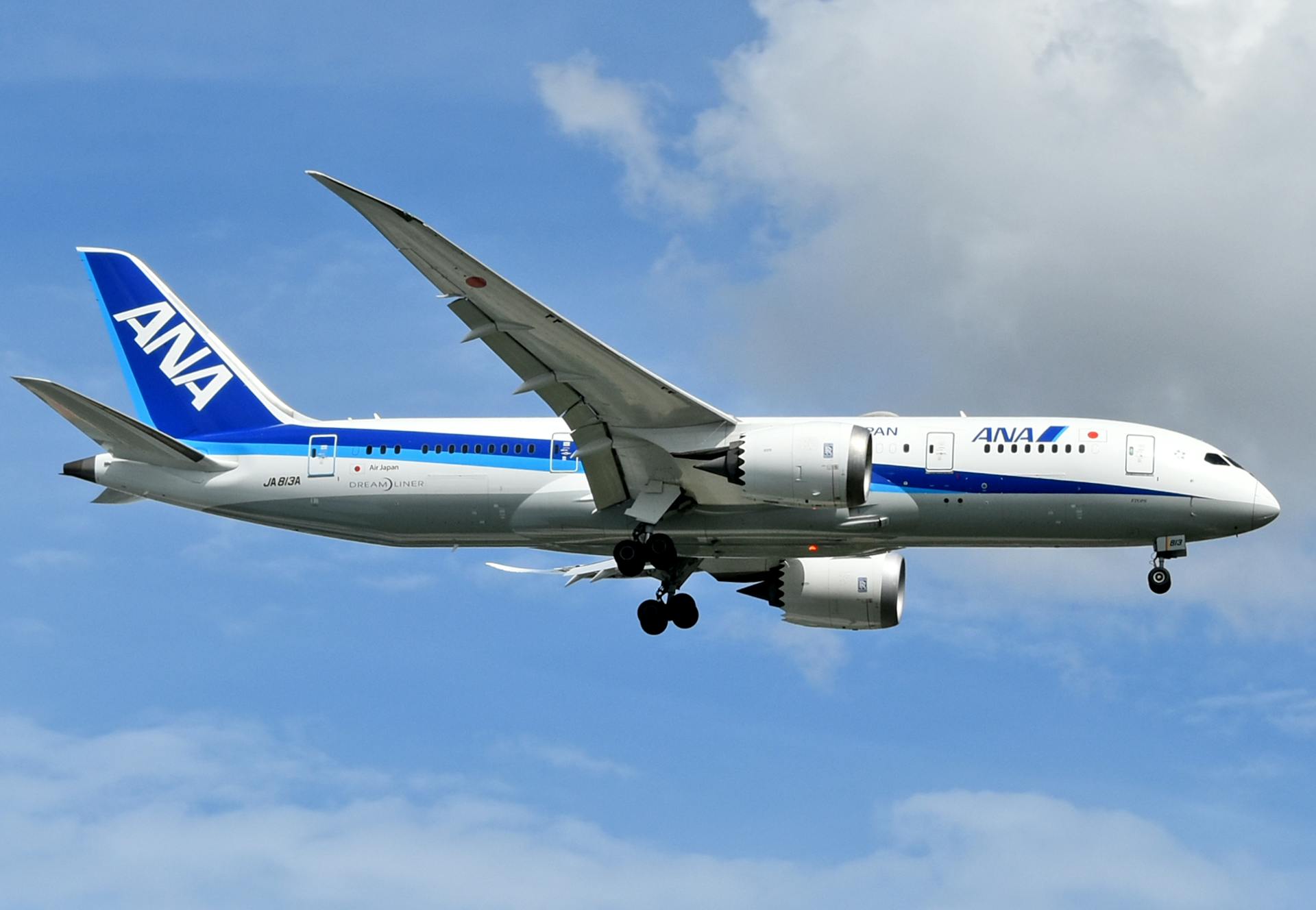 ANA Boeing 787 Dreamliner soaring in clear blue skies over Banten, Indonesia.