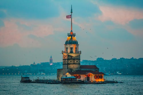 Maidens Tower with Flag of Turkey
