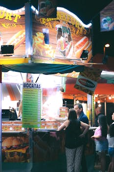 Brightly lit food stall at night with customers waiting for orders.