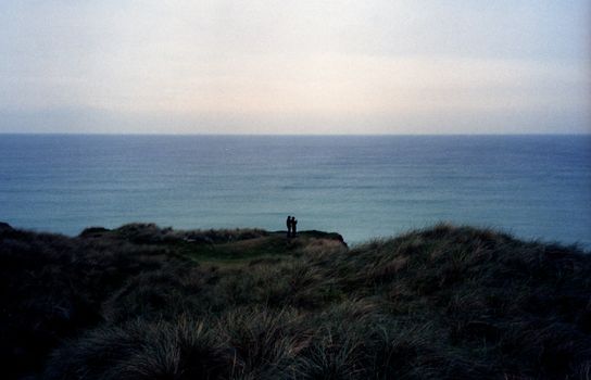 Serene seaside scene capturing a vast ocean horizon with gentle coastal grasses.