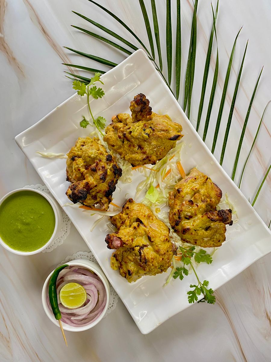 Chicken tikka skewers, overhead shot