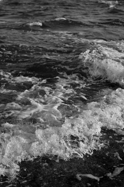 Grayscale Photo of Crashing Ocean Waves