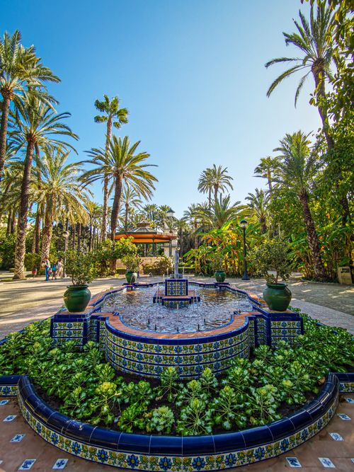 Free Beautiful fountain surrounded by palm trees in Elche's Palm Grove, Spain. Stock Photo