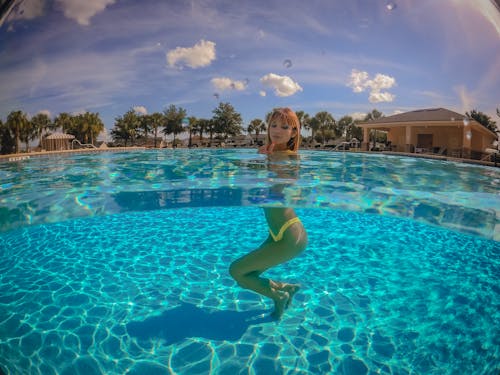 Half Underwater Shot of Young Woman in a Pool 