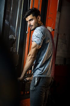 Muscular young man working out indoors with gym equipment, promoting healthy lifestyle.