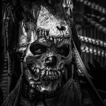 Black and white image of a detailed skull mask worn during a Dia de los Muertos festival in Mexico City.