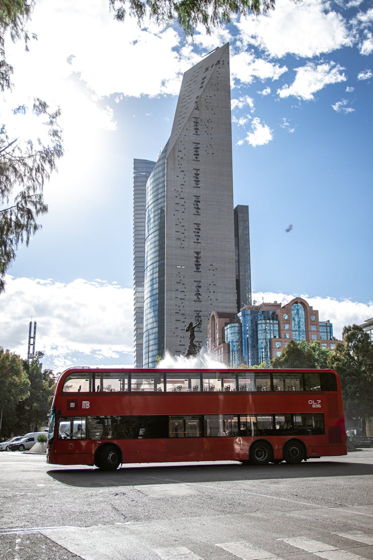 Double Decker Bus In Front Of The Torre Reforma, Mexico City, Mexico