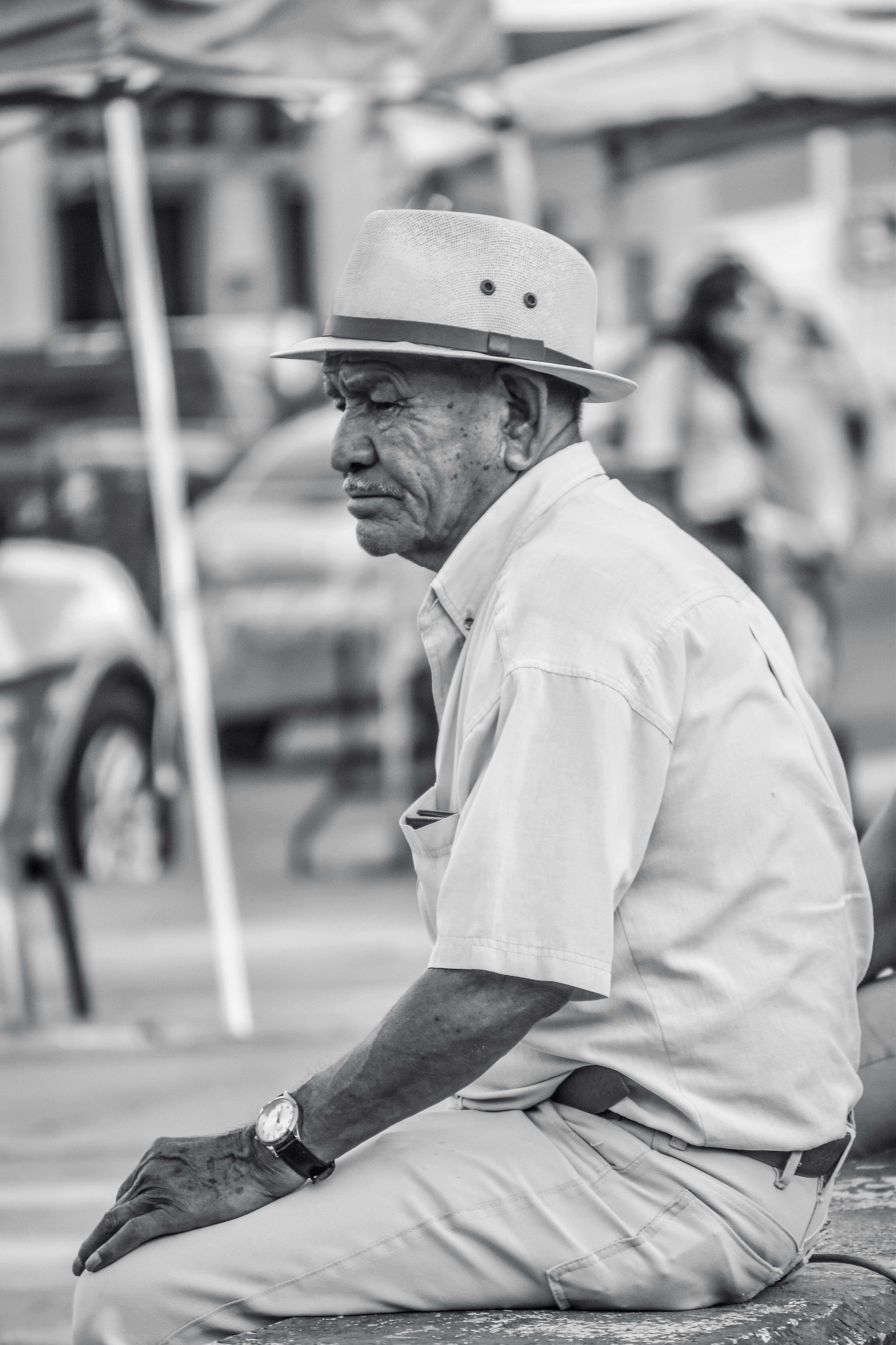 grayscale photo of an elderly man