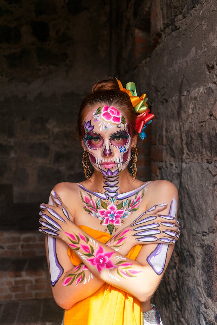 Woman With Death Mask Painted On Face 