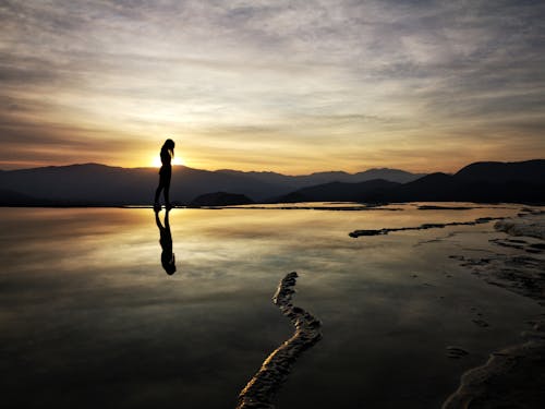 Silhouette of Person standing on a  Pond 