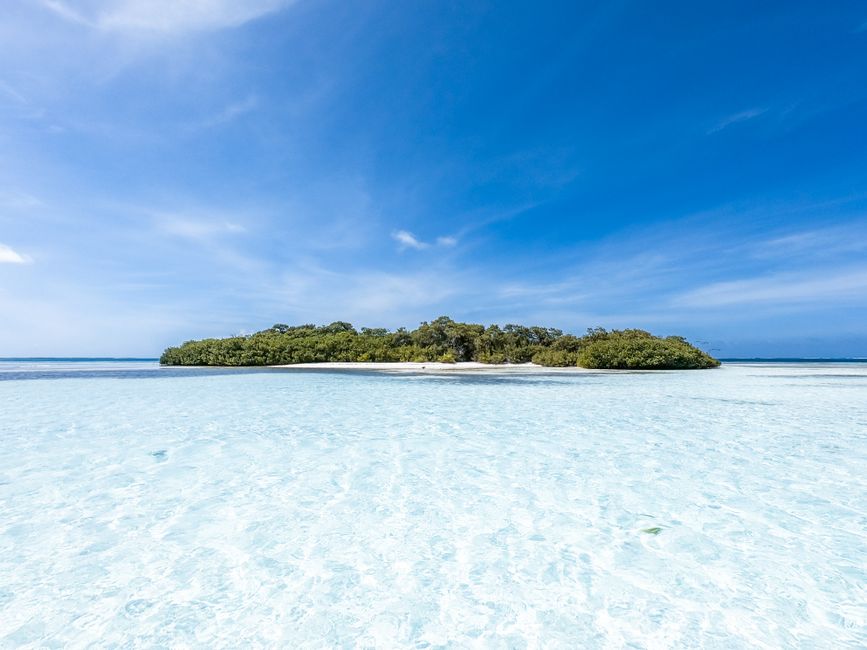 An idyllic tropical island with lush greenery surrounded by clear blue waters under a bright sky.