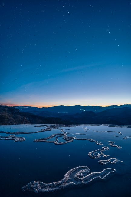 Stunning starry sky over the natural rock formations at Hierve el Agua in Oaxaca.