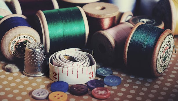 Close-up of vintage sewing essentials including threads, buttons, thimble, and measuring tape.