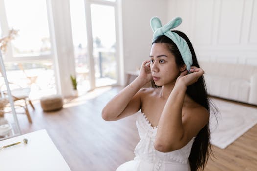 Young woman adjusting a blue hairband in a bright, sunlit room, creating a serene and relaxing atmosphere.