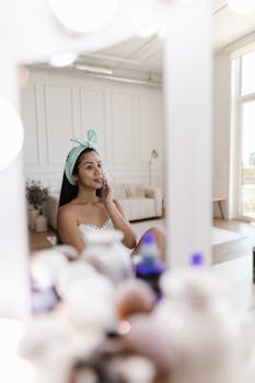 A woman with long hair and a headband looks at herself in a mirror in a modern, well-lit room.