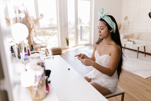 Woman in white romper applying skincare product at a vanity in a bright, modern room.