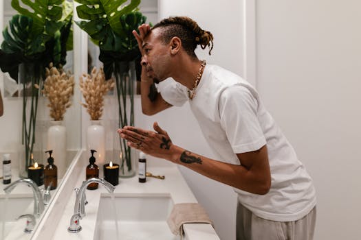 A man washing his face in a stylish bathroom mirror, part of his morning beauty routine.