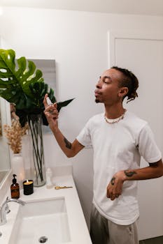 Young man spraying skincare product in modern bathroom setting with plants and candles.