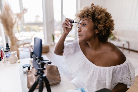 A woman applying mascara during a beauty vlog inside a bright room.