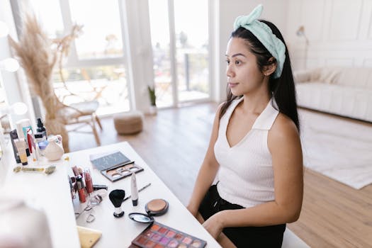 A woman seated at a vanity table applying makeup indoors, with beauty products displayed.