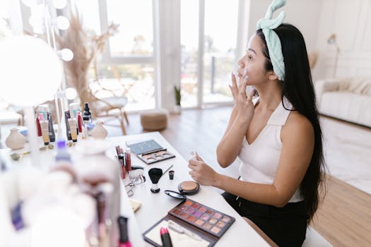 A woman applies makeup at a vanity in a well-lit room, surrounded by cosmetics.