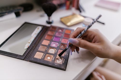 Close-up of Woman Using Makeup Eyeshadow Palette