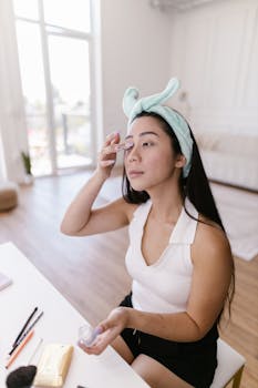 Young woman applying skincare product in bright, modern room